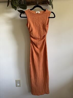see you monday orange dress See You Monday Dress Womens Medium Orange Ruched Mesh Bodycon Midi Sexy Festival